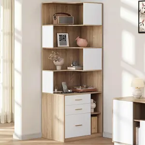 ModernMate Corner Bookshelf with Storage, 74.4" Tall L-Shaped Bookcase with 3 Drawers & AC/USB Charging Station, 7 Tier Wooden Open Display Rack for Living Home Office, Light Walnut