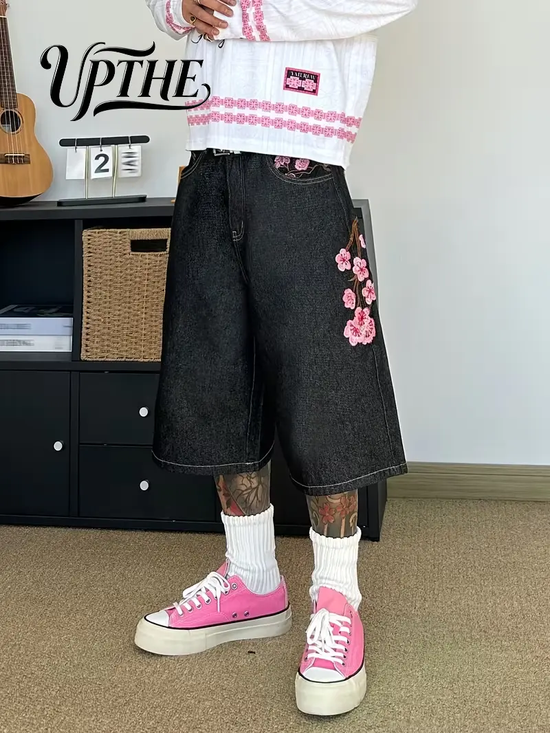 UP.THE Men's Vintage Black Raw Denim Shorts - Oversized Loose Wide Leg Jorts with Pink Floral Embroidery, Aesthetic Cherry Mesh Ribbed Details, Essential Skater Street Style Casual Bottoms, Piece, Overall, Embroidered, Basic, Cropped, Everyday, Belt, Mens