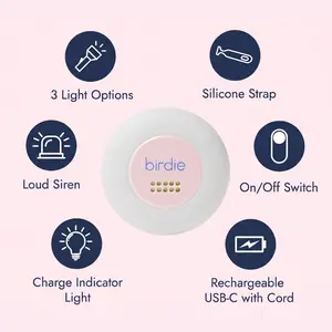 She's Birdie - Handsfree Personal Safety Alarm Disc for Runs, Walks, Bike Rides, and Late Nights - Loud Siren, LED Light for Night Walks, Rechargeable, Clip On, Lightweight, Water Resistant