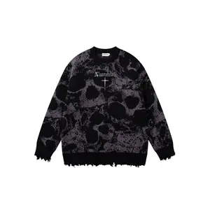 Men's Gothic Skull Embroidered Graphic Sweater, Casual Round Neck Knitwear for Fall & Winter, Fashionable Long Sleeve Knitted Pullover