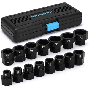 15- 1/2" Drive Metric Low Profile Nano  Socket Set, 10-24mm, Cr-Mo, 6-Point, Stubby Socket Set for Tight Spaces