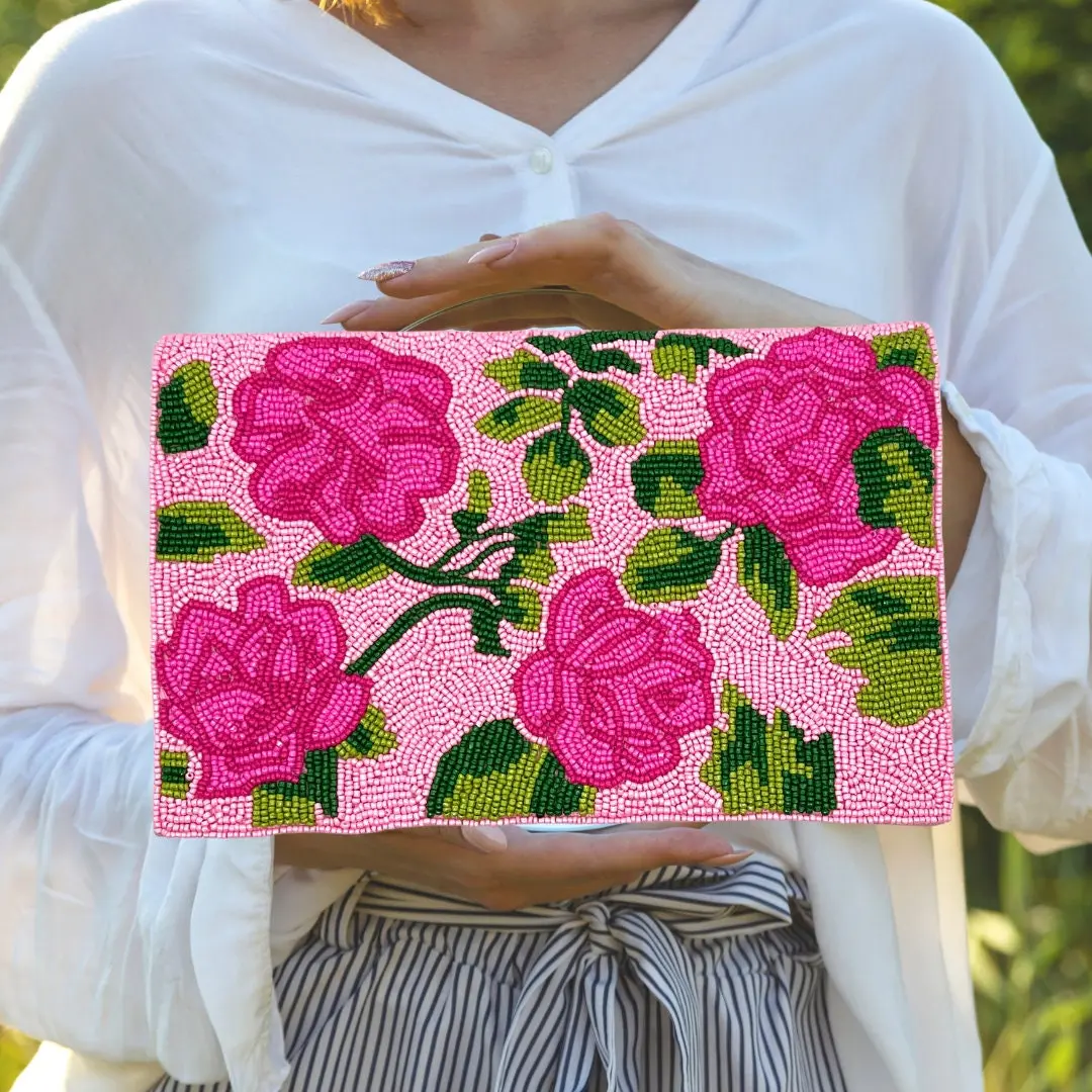 Pink Floral Purse Clutch Bag, Beaded Clutch Purse, Pink & Green Flower Clutch, BOHO Beaded Purse, Beaded Crossbody Bag for Women, Summer Bag