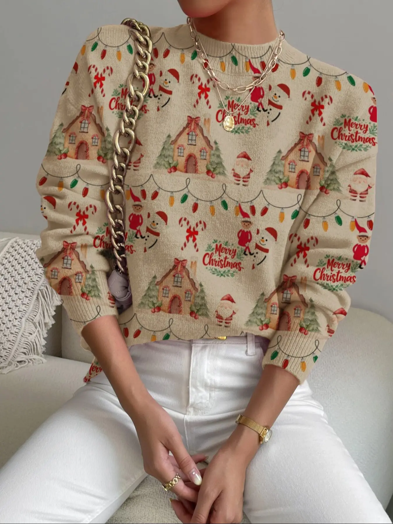 Women's Christmas Cartoon Print Stand Collar Sweater, Fall Winter Casual Long Sleeve Knitwear, Comfortable Warm Daily Wear