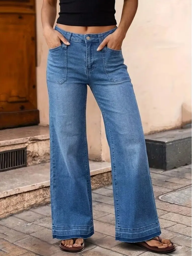 Women's Wide Leg Jeans High Waisted Stretchy Denim Pants | Raw Hem, Zimbaplatinum, Side Seam, Full Length, Baggy Jeans, Boyfriend Fit, Trendy, Fashion Clothing