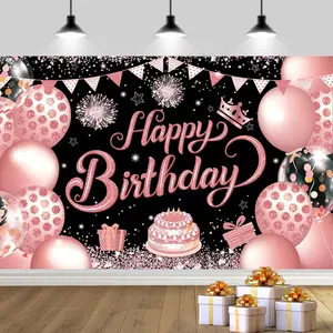 180x120 cm Black Rose Golden Happy Birthday Party Photography Backdrops Cloth 71x47 inch Rose  Photo Backgrounds Glitter   Happy Birthday Sign Banner Decorations for Women Girl