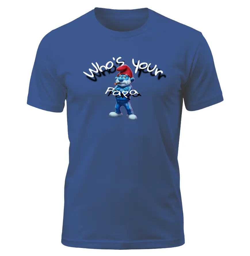 Who's Your Papa Smurf Blue Tee for Menswear Top with Fun Design and "Who's Your Papa" Wording