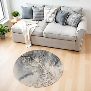 360 stand Modern 4 ft. Abstract Round Rug - Gray, Black & Ivory, Power Loom-Made, Stain-Proof Polyester Fiber Carpet for Home Decor