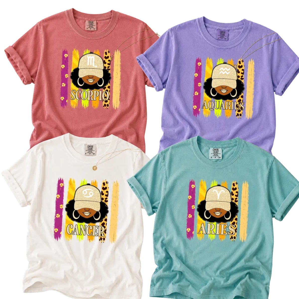 12 Zodiac Slay Girl Comfort Color Shirt, Black Girl Astrology T-Shirt, SCORPIO AQUARIUS CANCER ARIES  Tee, Afro Girl Zodiac Graphic Shirt, Glitter Cap Horoscope Gift Apparel