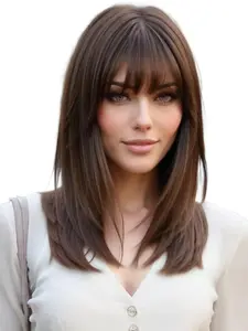 18 Inch Long Straight Wig with Bangs, Deep Synthetic Hair, Synthetic Material Wigs, Elegant Daily Wear & Party Use, Easy Maintenance, Machine Made Wigs