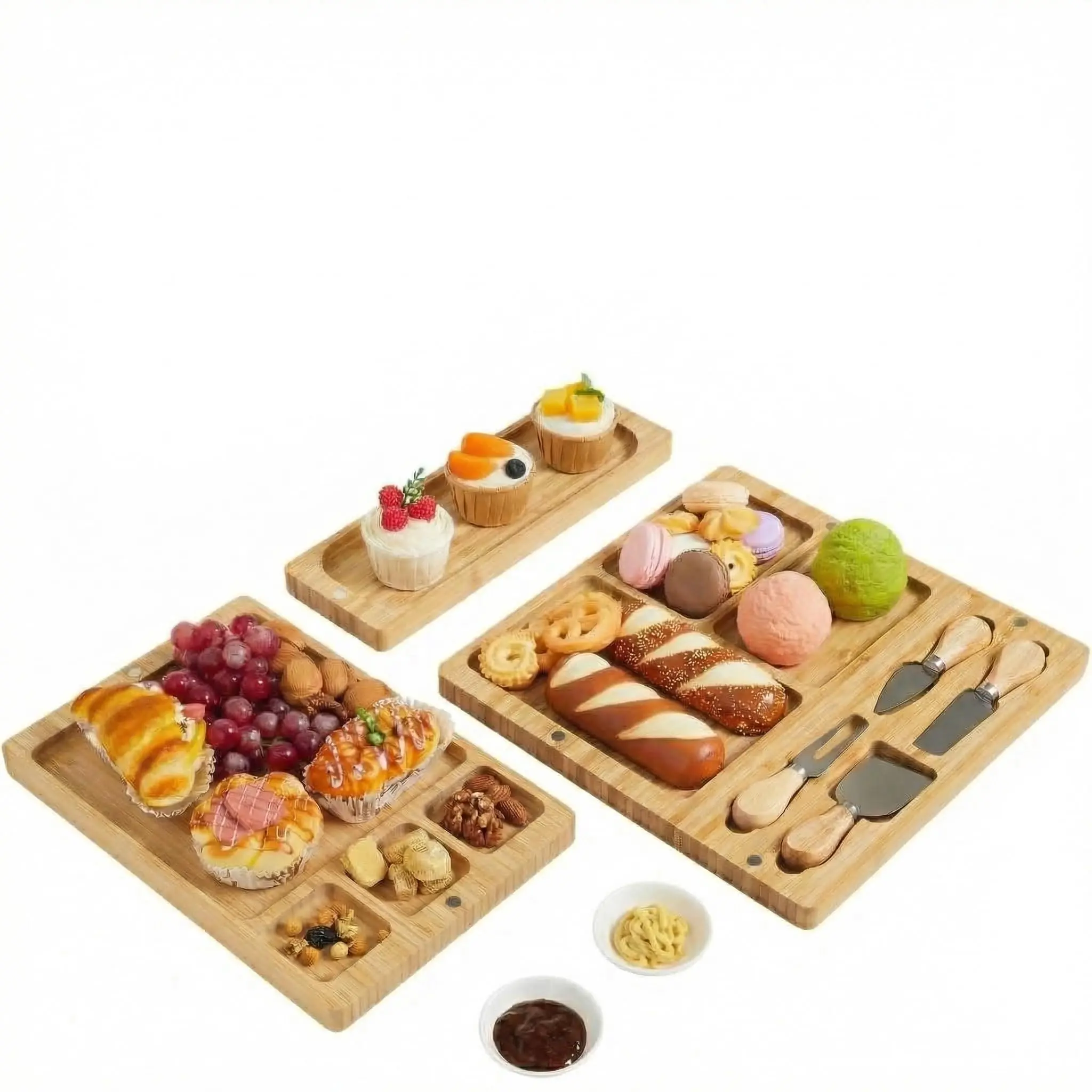 Garvee 3-Piece Natural Bamboo Woodmaterial Cheese Board Set - Nesting Stack Tableware with Serving Platter, Ceramic Bowls, Wood Finish - Hand Wash Kitchenware for Party, Everyday Meat/Fruit Appetizers