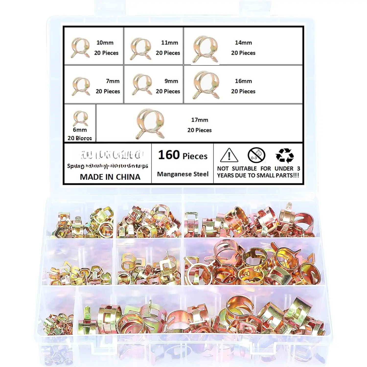 Spring Band Hose Clamps Assortment Kit  Line  Vacuum Hose Pipe Clamp 8 Size 6-17mm Low  Air Clip Clamp Fasteners Assortment Kit, Pack of 160 (Yellow)