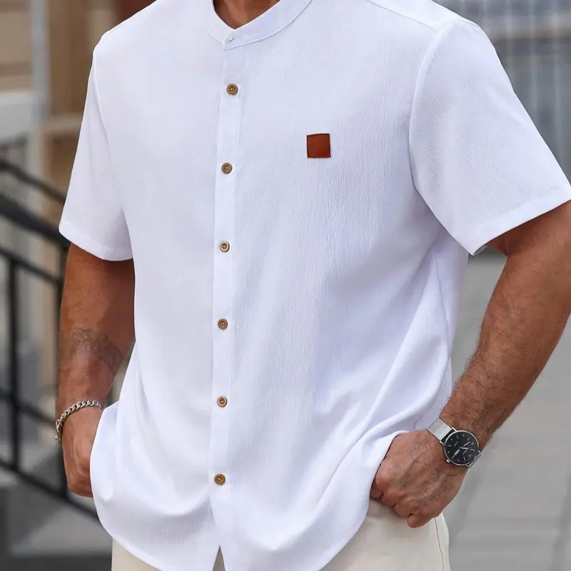 [Plus Size] Solid Color Plain Short Sleeve Button Up Beach Club Breathable Sun Shirt, Regular-Fit Casual Comfortable Top for Summer, Men's Plus Size Clothes for Daily Wear, Menswear