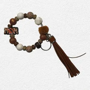 Football Mom Silicone Beaded Wristlet Keychain With Tassel