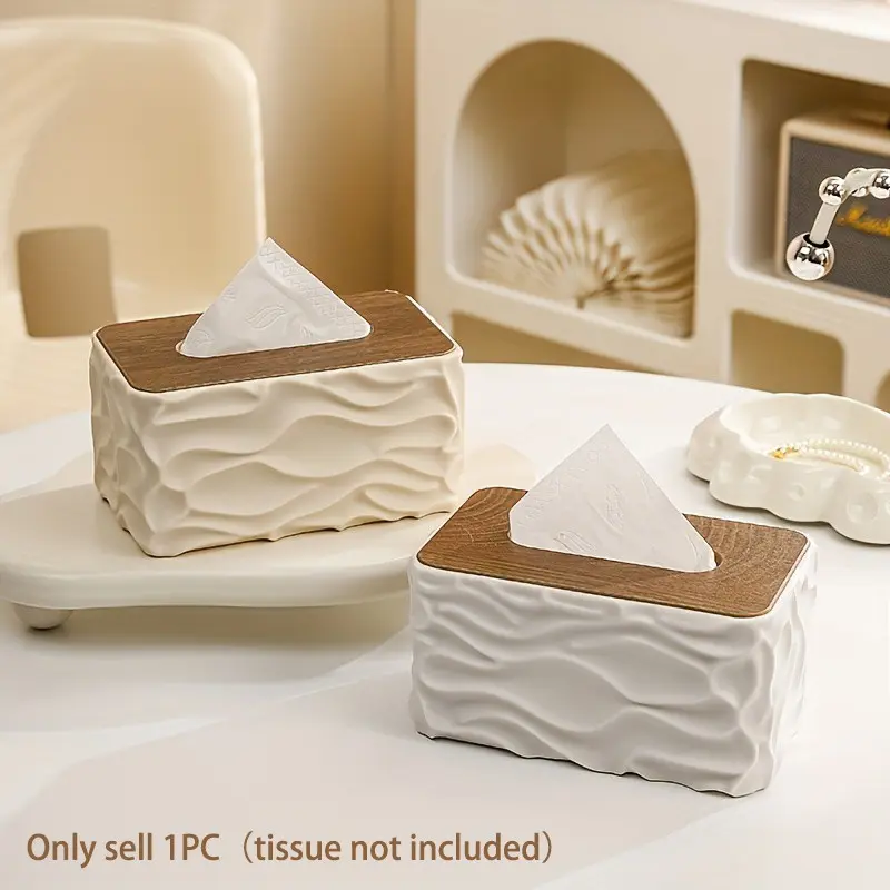 1PC Tissue Box Nordic Minimalist Style Corrugated Tissue Box, Arched Handkerchief Box with Wood Grain Lid, Large Napkin Dispenser, Autumn Decoration Bathroom, Suitable for Bathroom, Bedroom, Living Room, Student Dormitory. Bathroom Additions