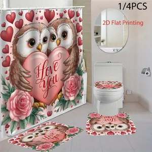 1pc/4pcs Valentine'S Day Bathroom Shower Curtain Set with 12 Hooks - Non-Slip Toilet Seat Bath &, Heart & Owl Design with "Love You" Text, Washable Polyester Bathroom Decor For Home, Bathroom Accessory, Playful Design, Durable Fabric, Home Decorators