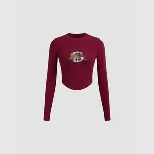 Cider [size 2-26] Cotton-blend Round Neckline Checks Strawberry Embroidery Applique Long Sleeve Crop Tee