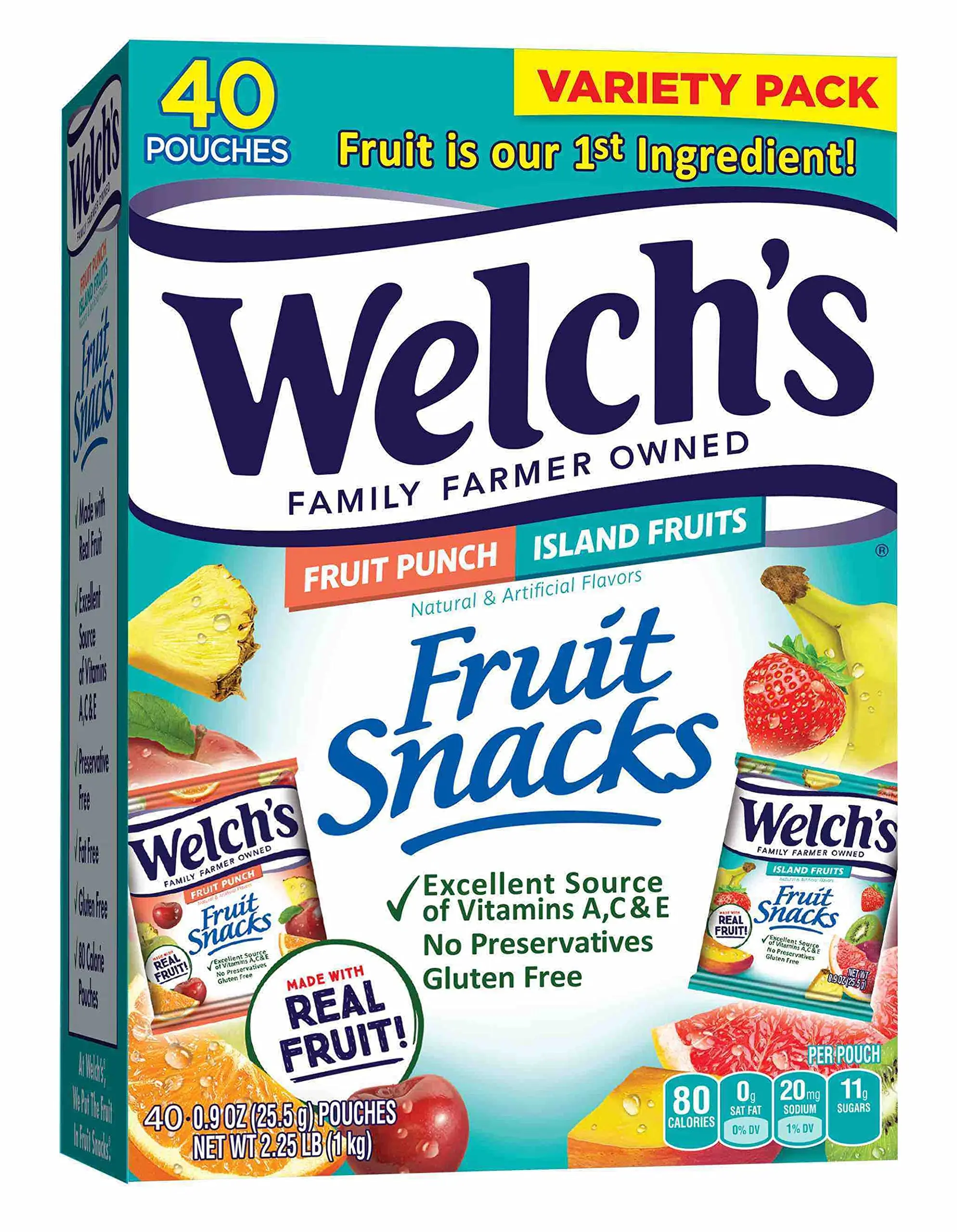 Welch's Fruit Snacks Fruit Punch & Island Fruits Variety Pack Gluten Free Single Serve Bags 0.9 oz 40 ct