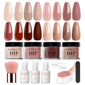 AZUREBEAUTY Dip Powder Nail Kit Starter, 4 Colors Skin Nude Brown Glitter, Dipping Powder Set with Base/Top Coat Activator for Daily French Nail Art Manicure DIY Gift 12 Pcs