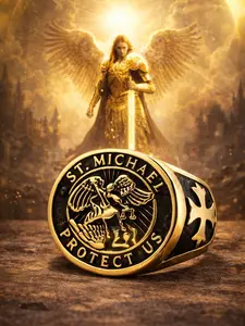 The Armored Kingdom Saint Michael Ring with High Gold Polished Finish, Comfortable Fit, and Saint Michael Design for Protection and Faith
