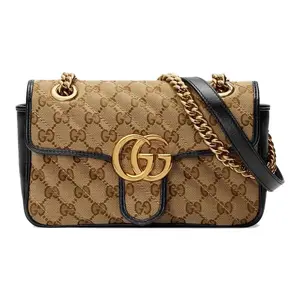 Pre-owned GUCCI CANVES Crossbody Bags GG Marmont Matelassé Mini Shoulder Bag in Beige and Ebony GG Canvas with Black Leather Trim