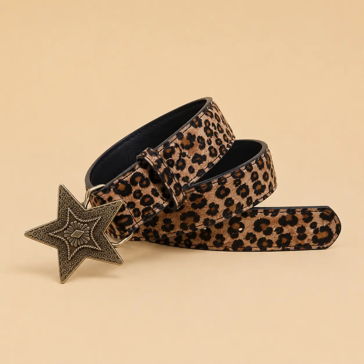 Leopard Print Belt for Women with Oversized Western Star Buckle, Y2K Cowgirl Statement Waist Belt