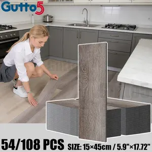 54/108 Pieces Retro Wood Grain Peel and Stick Floor Tiles, Waterproof and Durable Vinyl Flooring for Kitchen Living Room Bathroom Office, Easy DIY Installation and Home Renovation, Self Adhesive Tiles-Gutto5