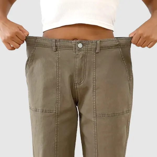 Flamingals Solid Stitch Detail Mid Waist Baby Barrel Fit Deep Pockets Pants High Stretch 26.4" Inseam Casual Women's Fashion Elevated Basic