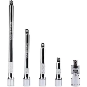 5 count Extension Bar Set, 1/4" Socket Extension Set, Include 4 count Extensions(2"/50mm, 3"/75mm, 4"/100mm, 6"/150mm) and 1 x 1/4 Inch Drive Universal Joint Socket, Chrome Vanadium Steel