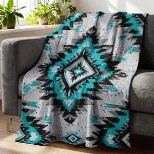 1Pc Southwestern Local Turquoise And Gray Southwestern Print Flannel Blanket - Black White Teal Southwestern Bed Cover, With Turquoise And Sawtooth Patterns, All-Season Sofa Bed Cover, Suitable For Southwestern Decor Style