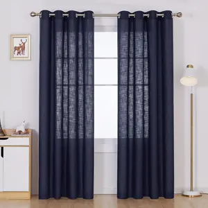 Deconovo Navy Blue Faux Linen Curtains with Grommet Top - Solid Color Window Drapes for Home Decor