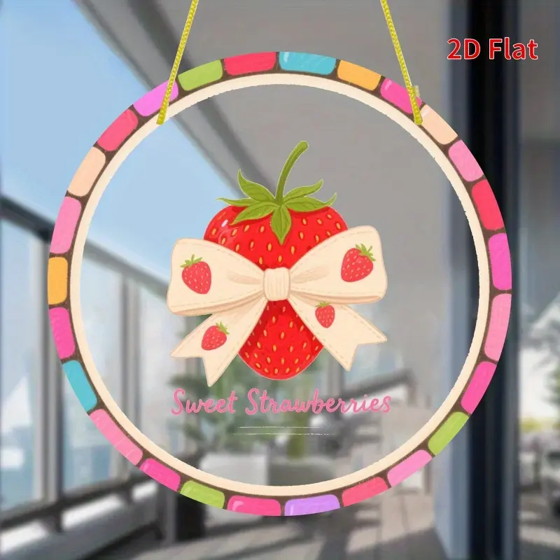 2D Strawberry Wall Decor Suitable for Home & Garden - Elegant Round Acrylic Strawberry Panel with Sweet Strawberries Text, Bow & Multi-Color Border Ideal Gift for Strawberry Lovers, Room, Decorations