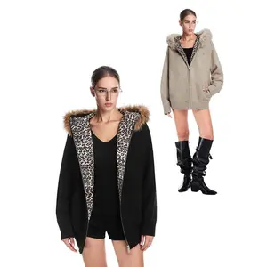 FDR Detachable Faux Fur Collar Sweater Leopard Print Hoodie Unisex Warm Winter Cardigan  Womenswear Knitwear Tops Pullover Long Sleeve