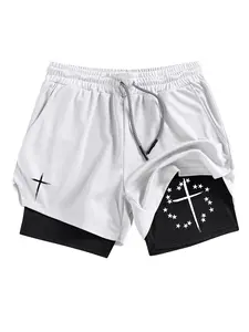 Men's Star Cross Print 2-in-1 Breathable Sports Shorts with Multi-Pockets, Summer Quick-Dry Breathable Gym Running Workout Shorts, Sporty Fitted Design