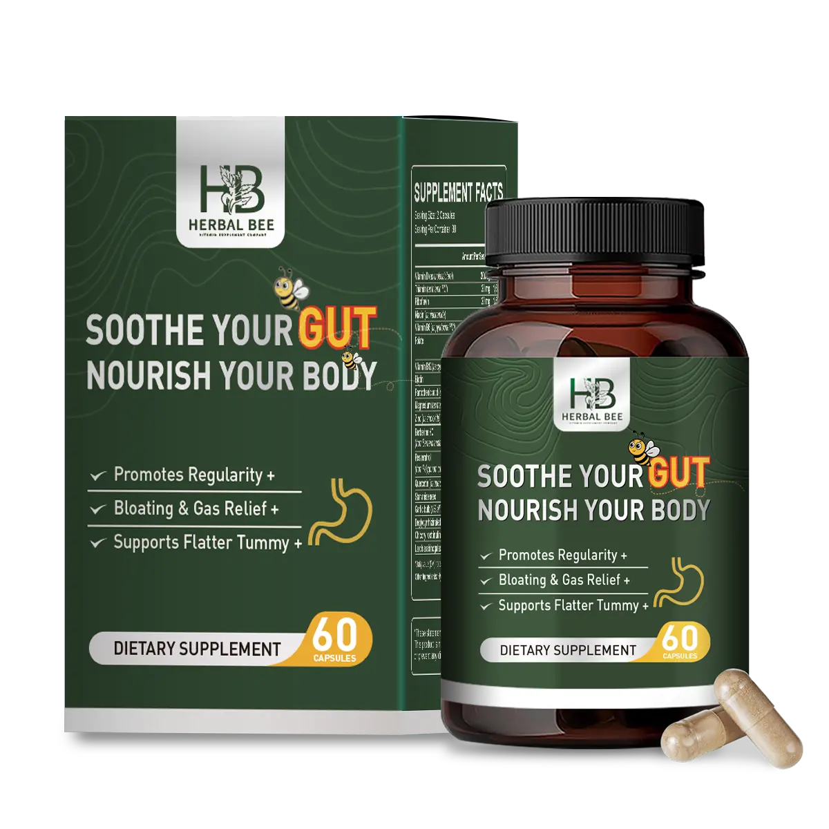 Herbal Bee Gut Health Supplement - Gas & Bloating Relief, Constipation & Leaky Gut Repair - Promotes Regularity & Digestion - 60 Capsules
