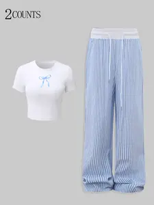 Women's Versatile Solid Color Bow Print Off-Shoulder Slim Fit Top and Wide Leg Pants Set, Striped, Casual Style, Chic, Regular Length, Plain Pattern