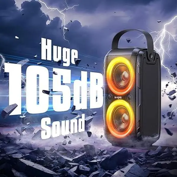 W-KING Portable Wireless Carry Handle Bluetooth Bass Speaker - 80W, 105dB Audio, Deep Bass, Christmas LED Lights, Full Ports, USB Type C Cable, Adapter Compatibility, Women's Stereo, Batteries Included