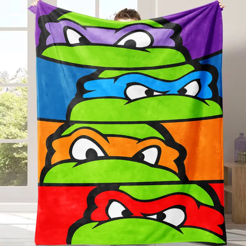 Ninja Turtle Color Block Flannel Blanket Soft Skin-Friendly, 4-Turtle Design, Retro Anime Style, Ideal Gift for Children & Enthusiasts, Perfect for Home, Office Use