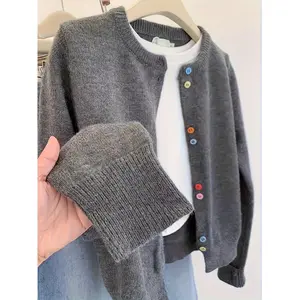 [Vintage Cardigan] Soft Gray Women's Vintage-Inspired Rainbow Button-Front Cardigan| Medium Stretch Round Neck Long Sleeve for Spring/Fall Layering, Elegant Casual & Formal Wear, Lightweight Button Sweaters, Layering Piece, Vintageinspired Design