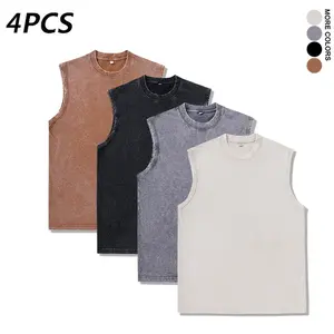 4PCS Men’s 100% Cotton Vintage Washed Sleeveless Tank Tops, Oversized Streetwear Muscle Shirts, Summer Casual Gym Wear