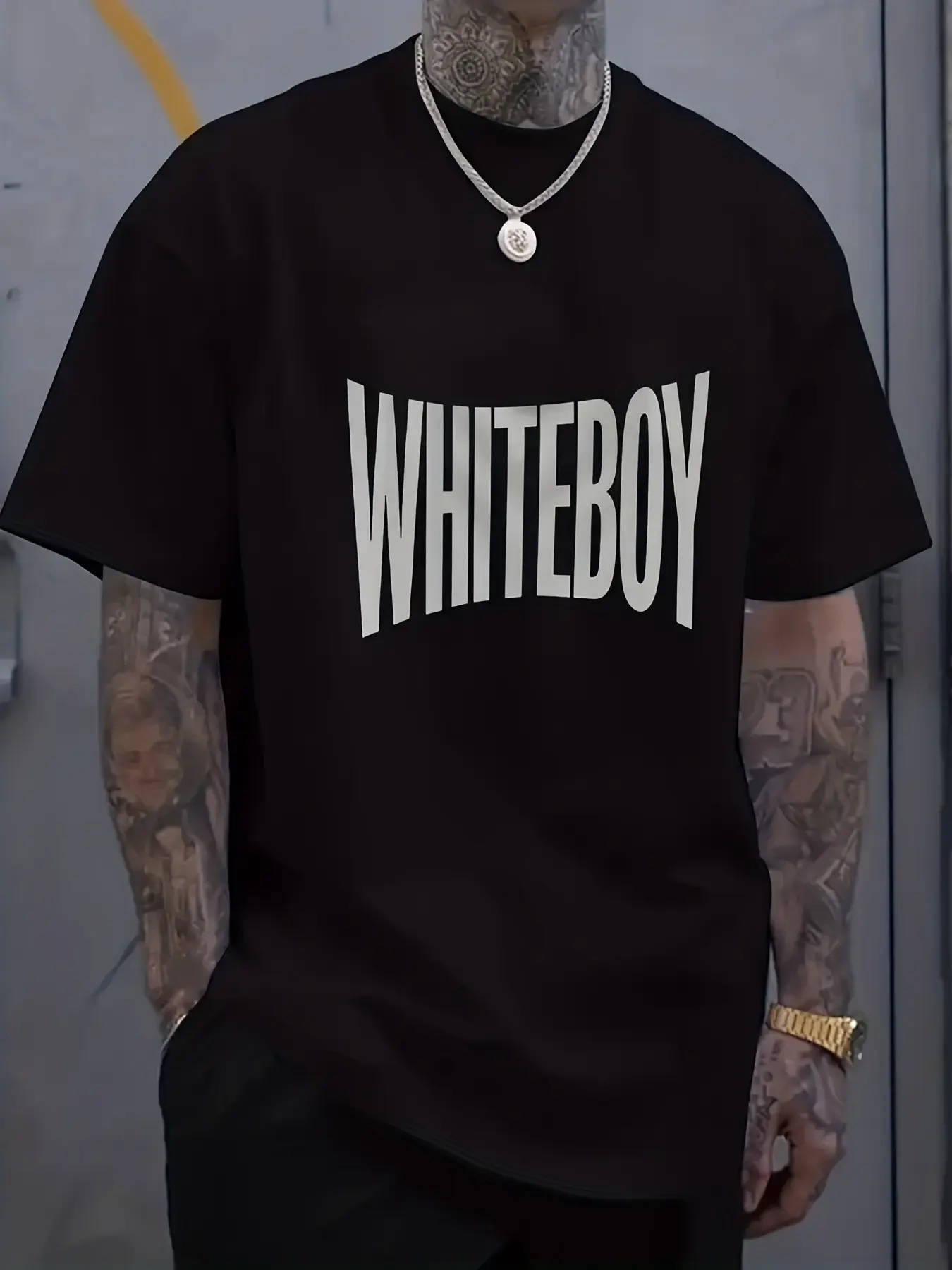 Men's Plus Size Black Cotton Loose-Fitting Short-Sleeve Crew Neck T-Shirt - All Seasons Casual Streetwear, Bold White 'WHITEBOY' Chest Print, Tattoos Aesthetic, Golden Watch Chain Compatible, Polyester Stretch Fabric, No Dry Clean, XX