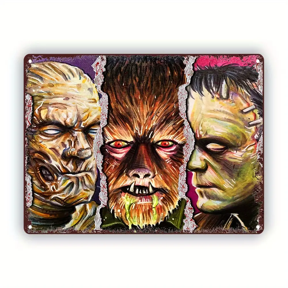 Vintage Horror Unframed Metal Sign - Classic Halloween Frankenstein, Wolfman, Mummy Designs - 8x12 in Durable Iron Tin Art - Wall Display for Collectors, Home Decor, Unframed Sign