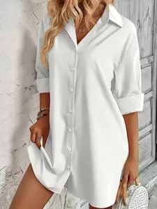 Women's Long Sleeve Plain Collared Button Shirt Blouse, Soft Breathable Fabric, Casual Loose Fit Top, Comfortable Daily Wear, Ideal for Spring & Fall