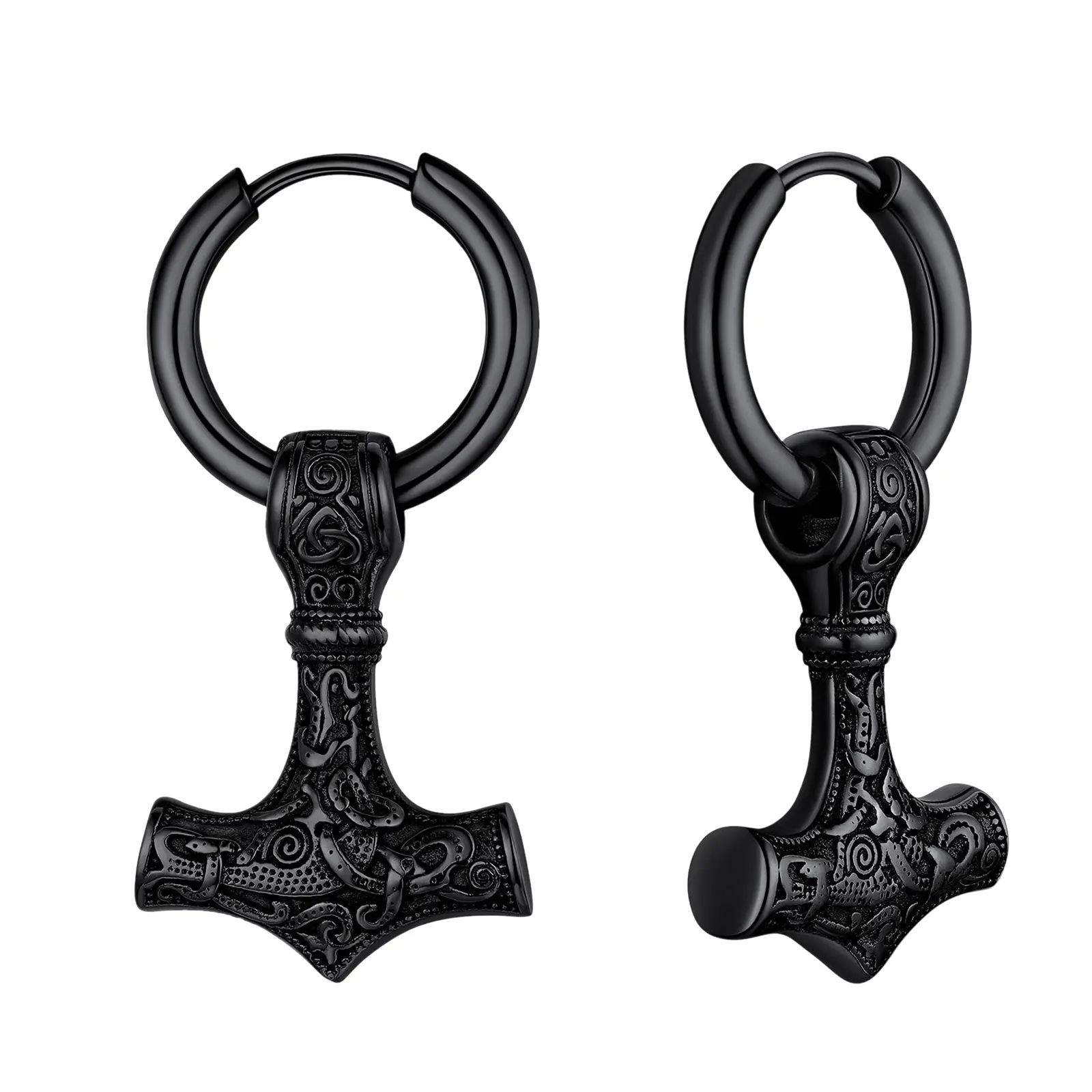 OIDEA Men's Viking Hoop Earrings, Mjolnir Thor's Hammer Charm, Anti-Rust Stainless Steel Male Jewelry with Carved Details & 18g Slim Post, Norse Mythology, Anti-Rust Steel, Daily Wear, Hooped Charm, Mjolnir Motif, 18 Gauge Earrings, Norse Mythology Amulet
