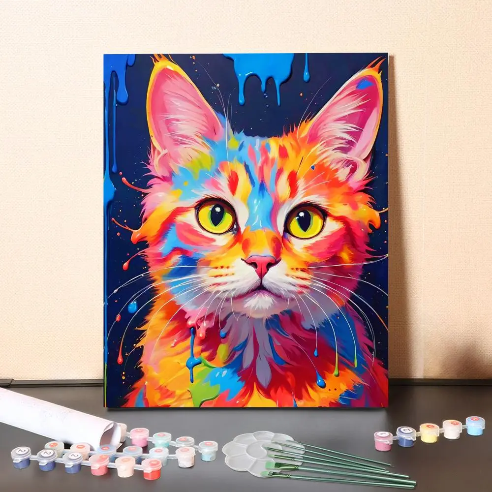 DIY Paint by Numbers Set "Pop-Art Colorful Cat" Includes Printed Canvas Wooden Frame Acrylic Paints & Brushes for Adults Kids Perfect for Creatives