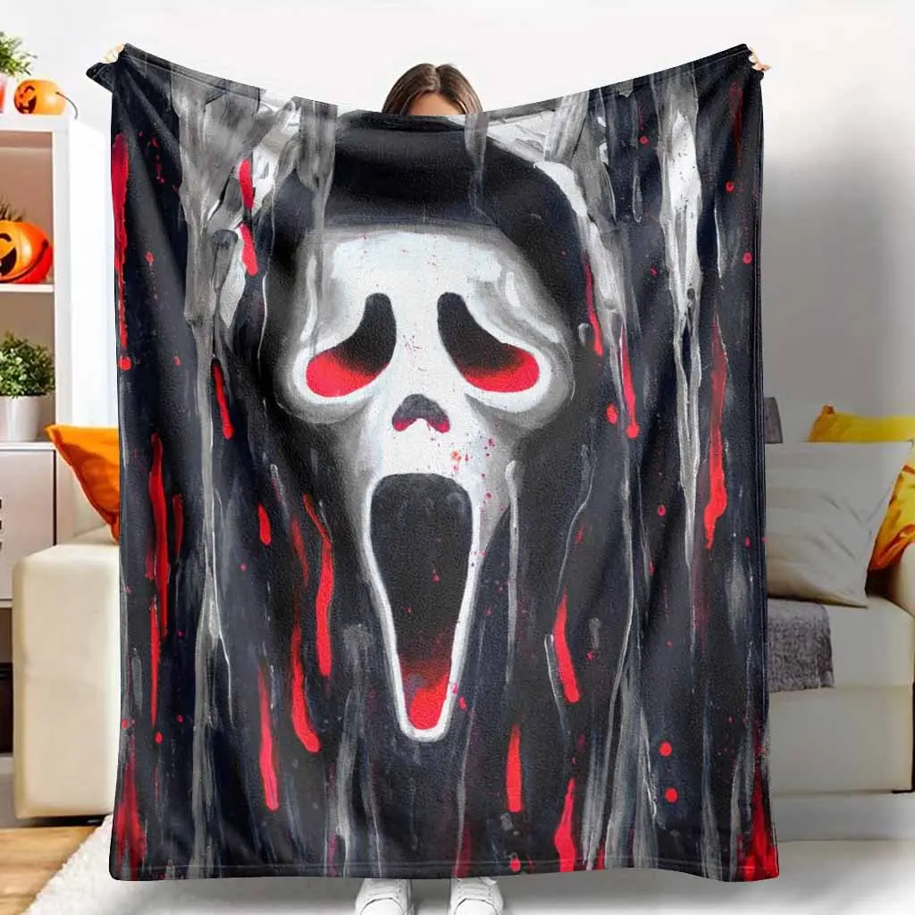 Abstract Ghost Face Flannel Blanket Gothic Dripping Paint Pattern Soft Plush Lightweight Warmth Durable Bedding Throw For Halloween Party Couch Living Room Decor Gifts