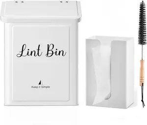 Lint Bin and Dryer Sheet Holder Set for Laundry Room, Metal Lint Trash Can with Lid and Lint Box  for Mounting on Dryer,Wall Mount Lint Bin for Laundry Room,White