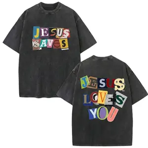 "Jesus Saves / Jesus Loves You" Colorful Text Double-Sided Washed Cotton Tee Tshirt Classic