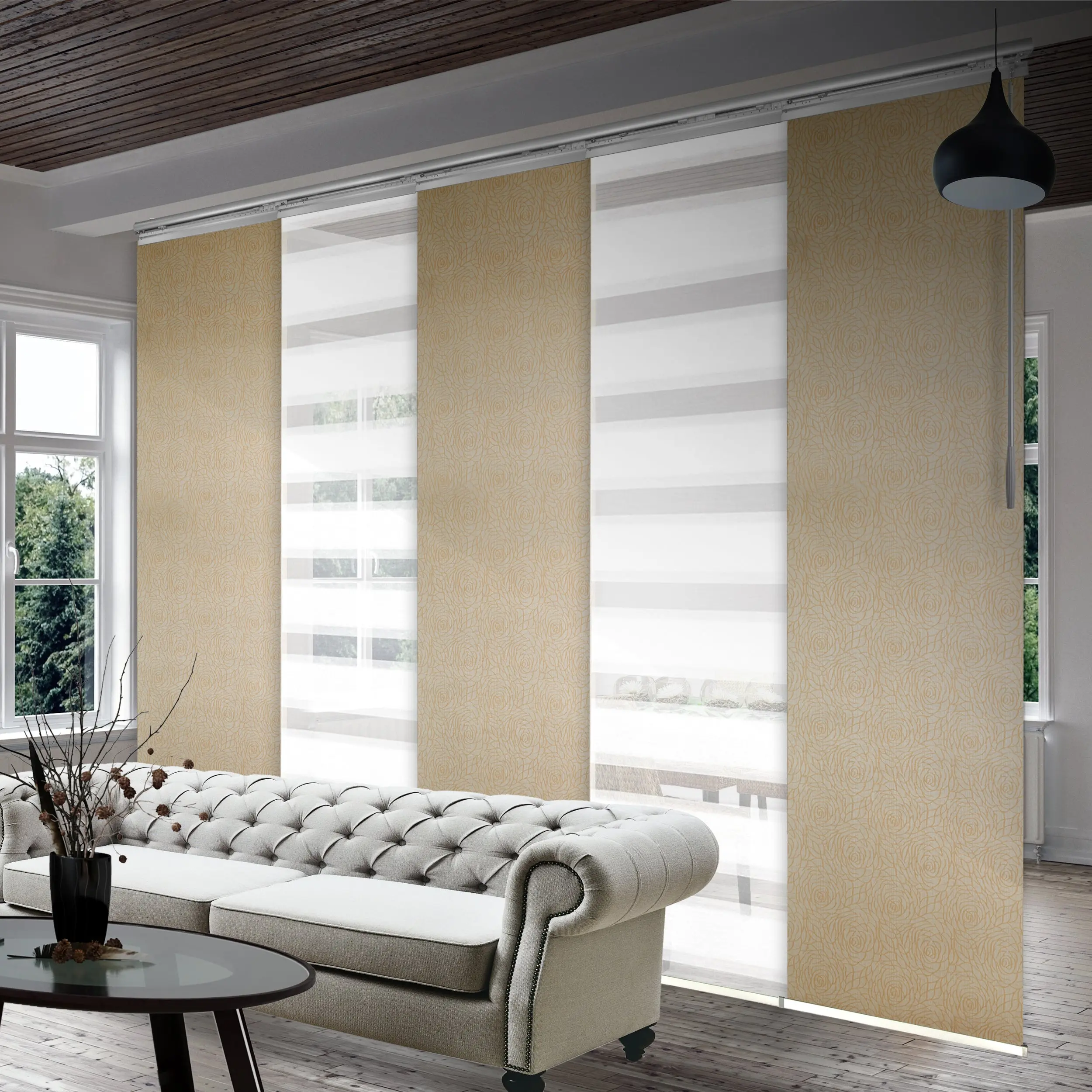 5-Panel Single Rail Panel Track Blind Extendable 58"-110"W x 91.4"H, Panel width 23.5", Macadamia, Marisol