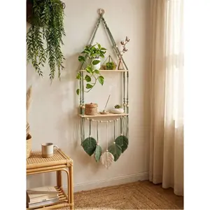 1pc 2-Tier Woven Wheat Stalk Hanging Wall Shelf, Boho Style Wall Decor Rack With Leaf Tassel, Hanging Plant Holder Suitable For Bedroom, Living Room, Bathroom, Kitchen, For Plants, Books, Small Items, Farmhouse Swing Rack, Apartment Wall Storage, Space-Sa