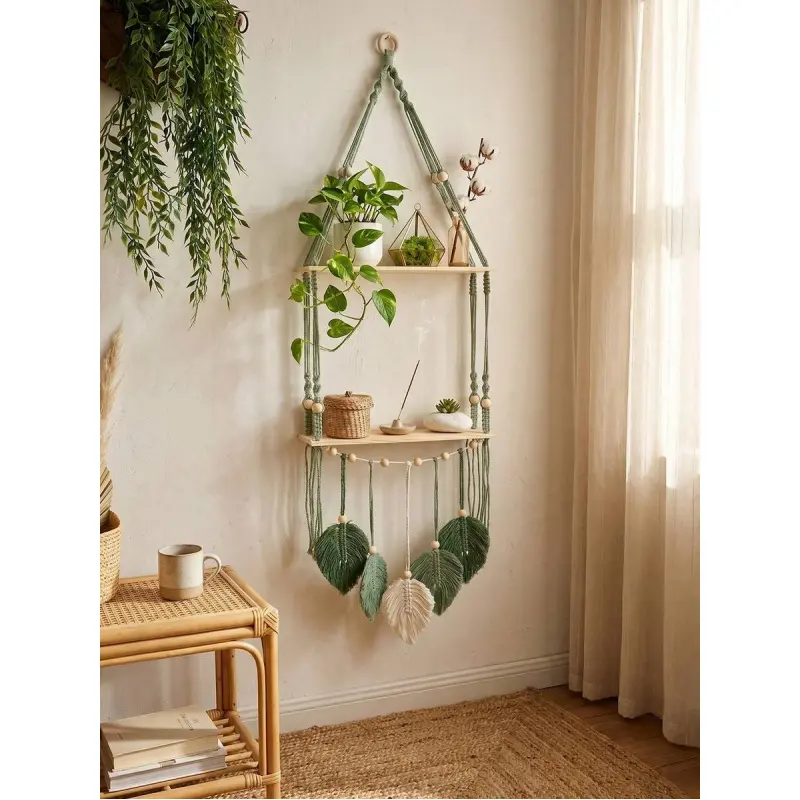1pc 2-Tier Woven Wheat Stalk Hanging Wall Shelf, Boho Style Wall Decor Rack With Leaf Tassel, Hanging Plant Holder Suitable For Bedroom, Living Room, Bathroom, Kitchen, For Plants, Books, Small Items, Farmhouse Swing Rack, Apartment Wall Storage, Space-Sa